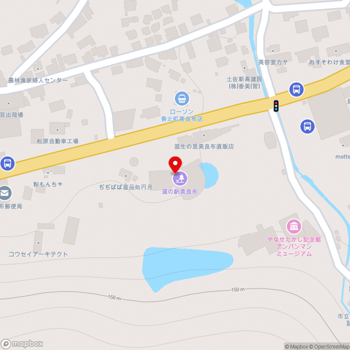 道の駅美良布の地図（zoom17）高知県香美市香北町美良布1211